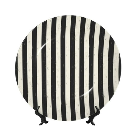 Yiaed Black And White Thick Stripes Print Bone China Decorative Plate Ceramic Dinner Plates Art Crafts with Display Stand-6in