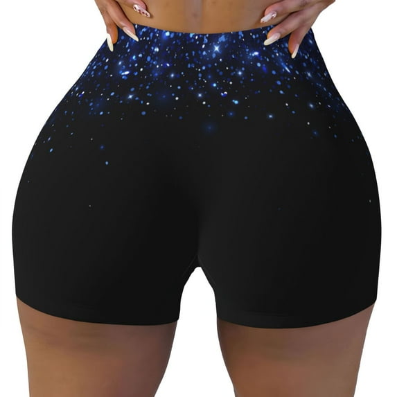Yiaed Black Blue Glitter Sparkles Print Women's Athletic Shorts Running Shorts Sporty Short High Waisted Elastic Workout Shorts for Yoga Gym Running & Sports -Medium