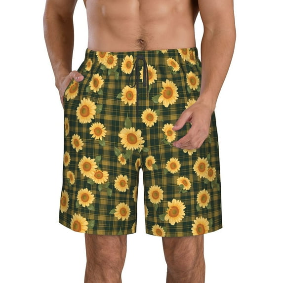 Yiaed Black Ink Green Plaid Sunflower Print Men's Swim Trunks with Lining Quick Dry Sports Shorts Beach Shorts Boardshorts-Medium