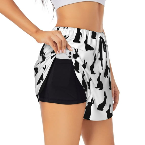 Yiaed Black Rabbit Print Women's Running Shorts with Liner 3 Zipper Pockets Elastic Workout Athletic Gym Yoga Shorts-X-Large