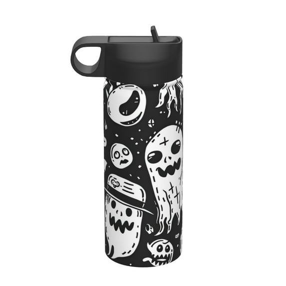 Yiaed Black White Spooky Ghosts Print Water Bottle with Straw Lid, Stainless Steel Double Wall Insulated Water Bottle | Leak-Proof and Spill-Proof Water Bottle