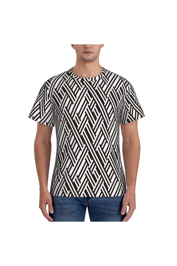 Black White Stripes Print Mens Short Sleeve Tight Fit T-Shirt, Crewneck Casual Tee-XX-Large