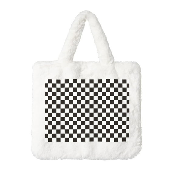 Yiaed Black and White Checkerboard Print Fluffy Shoulder Bag Plush Bags Women Ladies Tote Bag Fluffy White Furry Purse Handbag for Autumn and Winter