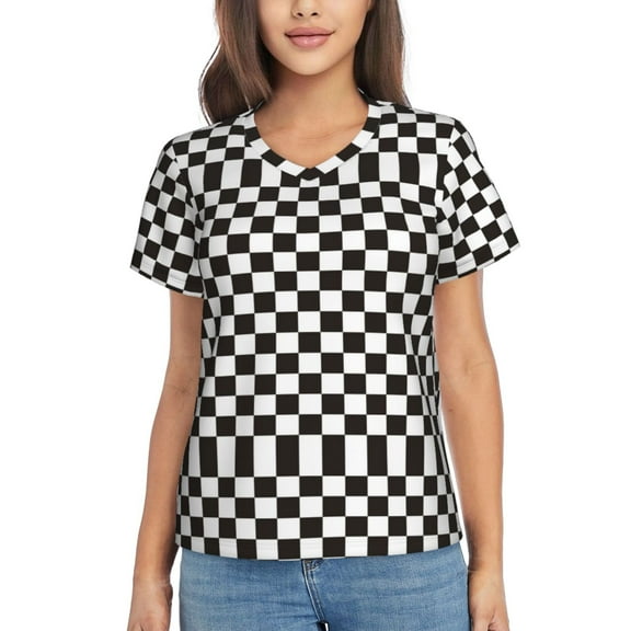 Yiaed Black and White Checkerboard Print Women's T Shirt V-Neck Short Sleeve Shirt Casual Breathable Tee Summer Tops-Large