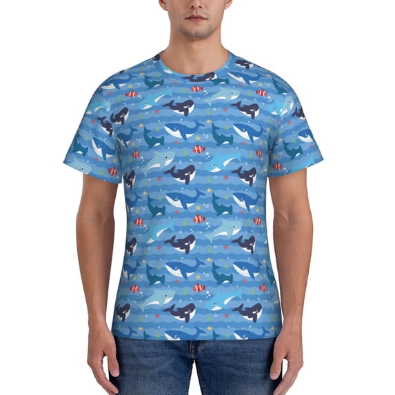 Yiaed Blue Fish Print Mens Short Sleeve Tight Fit T-Shirt, Crewneck Casual Tee-Medium