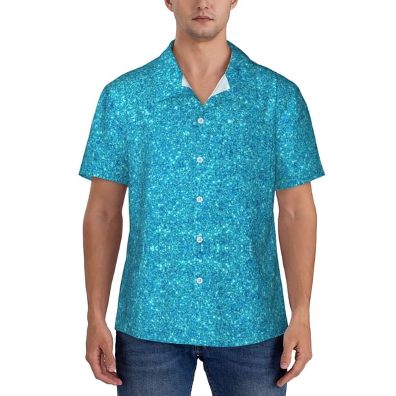 Yiaed Blue Glitter Print Hawaiian Shirt for Men Short Sleeve Button Down Shirts Beach Shirts for Men-Small