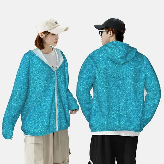 Yiaed Blue Glitter Print Sun Shirts UPF 50+ Protection Hoodie Rash Guard Shirt UV Shirt Long Sleeve Fishing Outdoor Lightweightase-Small