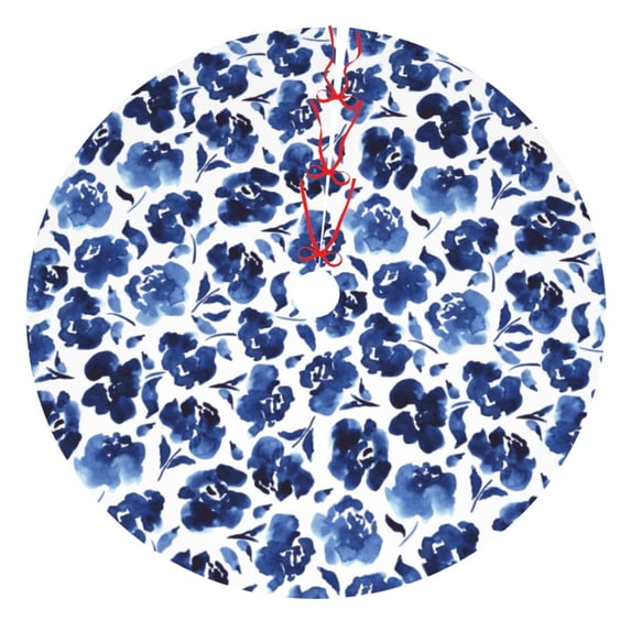 Yiaed Blue Ink Flowers Print Christmas Tree Skirt , Tree SkirtsTree Mat for Christmas Winter Holiday Indoor Decorations-36"