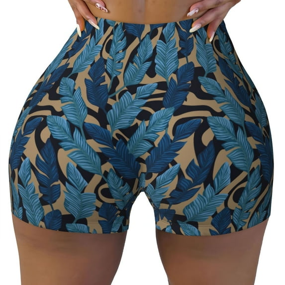 Yiaed Blue Leaves A Print Women's Athletic Shorts Running Shorts Sporty Short High Waisted Elastic Workout Shorts for Yoga Gym Running & Sports -Small
