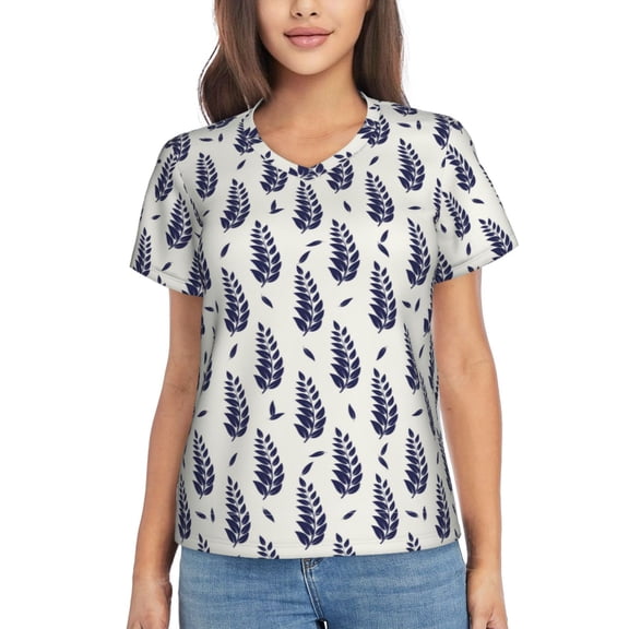 Yiaed Blue Leaves Print Women's T Shirt V-Neck Short Sleeve Shirt Casual Breathable Tee Summer Tops-3X-Large