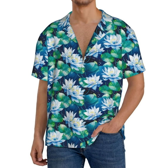 Yiaed Blue Lotus Flower Print Mens Casual Wrinkle Free Shirts Short Sleeve Button Down Summer Stretch Dress Shirt-Small
