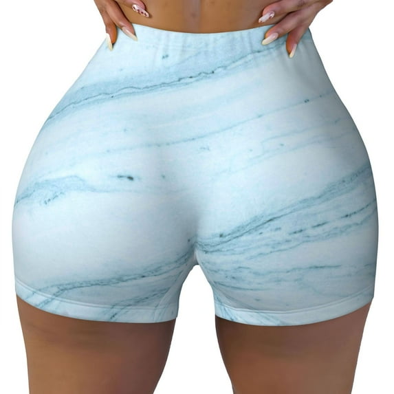 Yiaed Blue Marble Print Women's Athletic Shorts Running Shorts Sporty Short High Waisted Elastic Workout Shorts for Yoga Gym Running & Sports -Medium