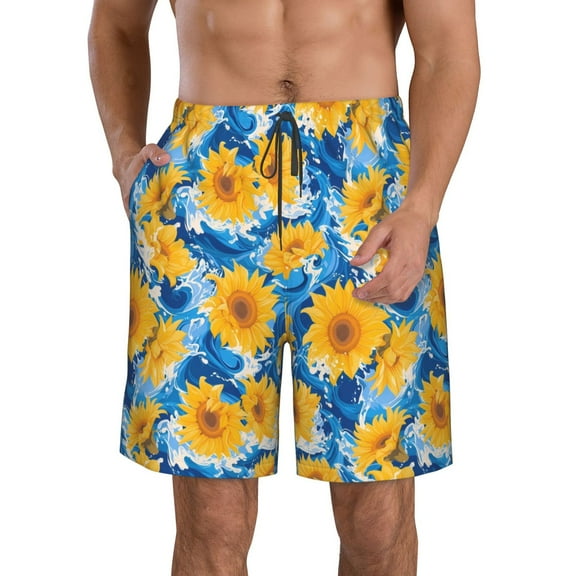 Yiaed Blue Ocean Wave Sunflower Print Men's Swim Trunks with Lining Quick Dry Sports Shorts Beach Shorts Boardshorts-3X-Large