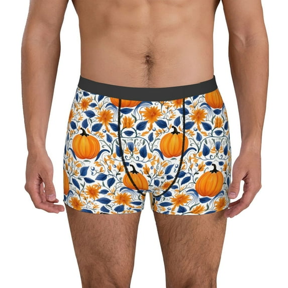 Yiaed Blue Orange Pumpkin fall Print Men's Soft Cotton Boxer Shorts Breathable Boxers Underwear Moisture-Wicking Underwear Stretch Boxer Briefs for Man-Small