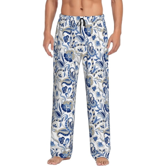 Yiaed Blue Paisley Print Men's Lounge Pants, Loose PJ Bottoms, Long Pajama Pants for Men-X-Large