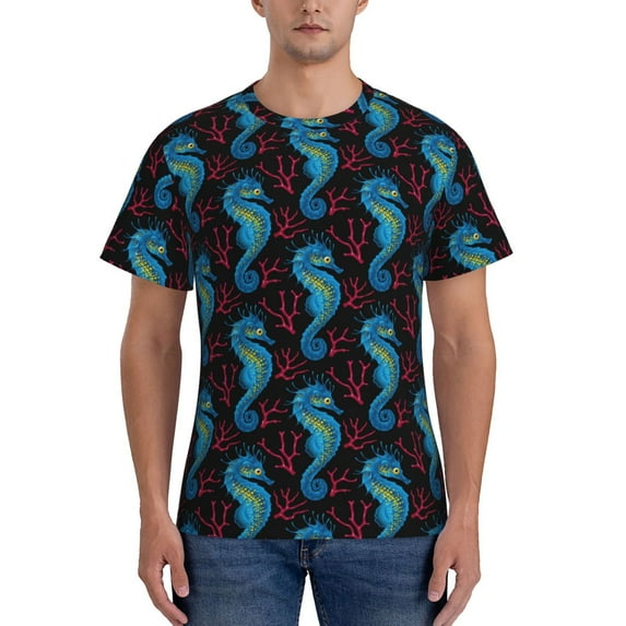 Yiaed Blue Seahorse Print Mens Short Sleeve Tight Fit T-Shirt, Crewneck Casual Tee-3X-Large