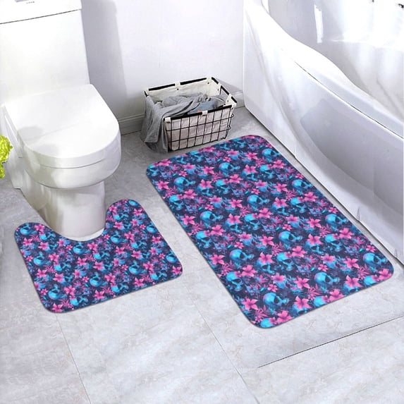 Yiaed Blue Skull Flower Print Bathroom Mat Set 2 Pieces Mat Anti-Skid Pad Ultra Soft and Absorbent Bathroom Bath Mat Contour Bath Rugs for Toilet Base