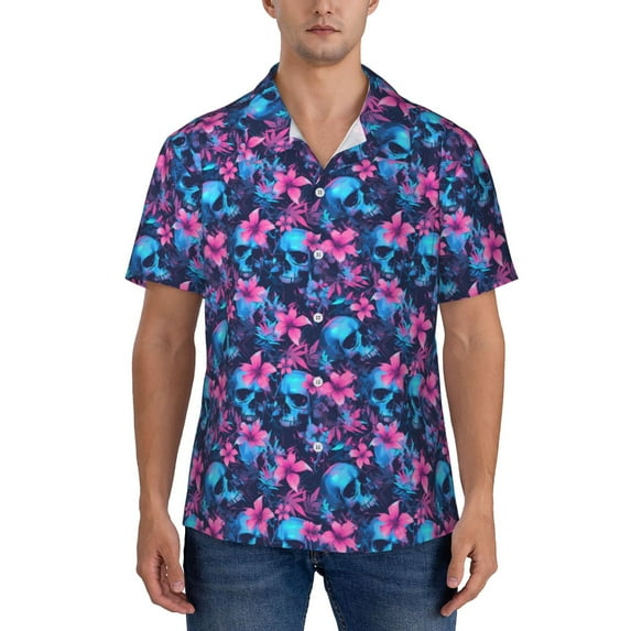 Yiaed Blue Skull Flower Print Hawaiian Shirt for Men Short Sleeve Button Down Shirts Beach Shirts for Men-Small