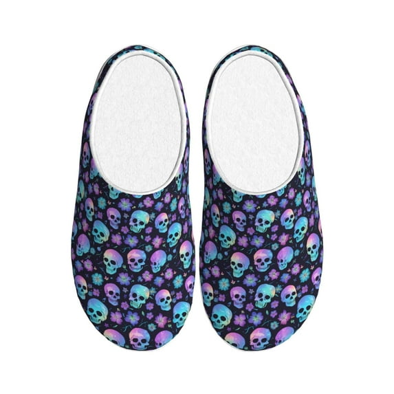 Yiaed Blue Skull Flower Print Slippers Fuzzy Warm Cozy Slippers Non Slip House Slippers For Indoor Outdoor Slippers House Slippers-46/47