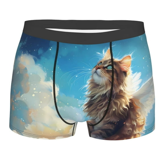 Yiaed Blue Sky Winged Cat Print Men's Soft Cotton Boxer Shorts Breathable Boxers Underwear Moisture-Wicking Underwear Stretch Boxer Briefs for Man-X-Large