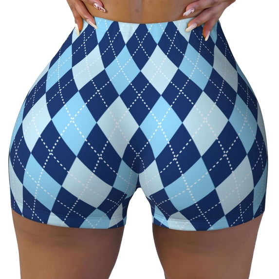 Yiaed Blue Squares Print Women's Athletic Shorts Running Shorts Sporty Short High Waisted Elastic Workout Shorts for Yoga Gym Running & Sports -X-Large