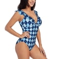 thumbnail image 1 of Yiaed Blue Squares Print Women's Ruffled One Piece Swimsuit V Neck Swimwear Slimming Monokini for Woman-Small, 1 of 8