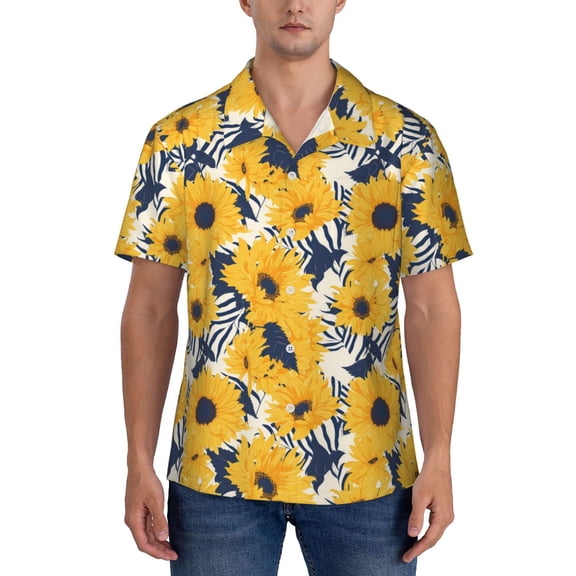 Yiaed Blue Striped Sunflower Print Hawaiian Shirt for Men Short Sleeve Button Down Shirts Beach Shirts for Men-Small