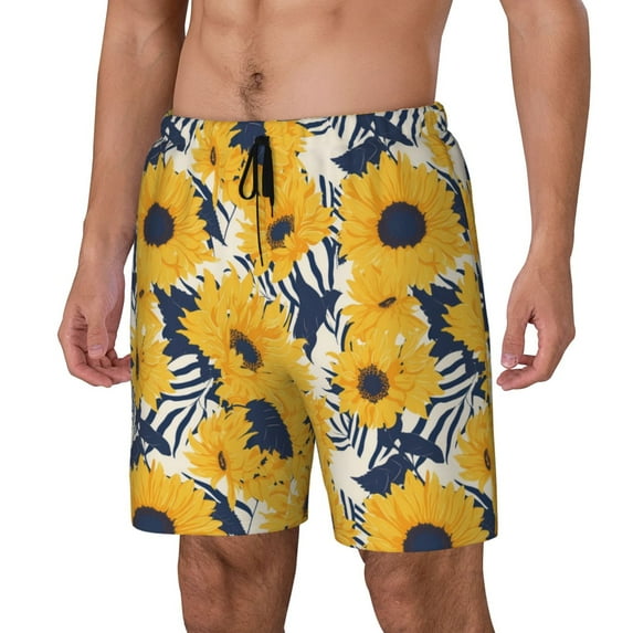 Yiaed Blue Striped Sunflower Print Mens Swim Trunks Bathing Suit Compression Liner Beach Swim Shorts Swimwear Quick Dry Zipper Pocket No-Chafing Board Short-Large