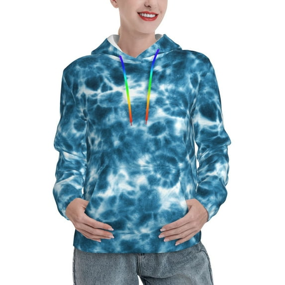 Yiaed Blue Tie Dye Print Womens Casual Hoodies Crew Neck Long Sleeve Sweatshirts With Pocket Pullover Tops Women's Hooded Sweatshirt-Medium