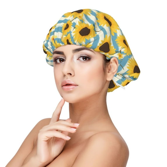 Yiaed Blue White Striped Sunflower A Print Satin Bonnet Silk Bonnet Hair Bonnet for Sleeping Hair Bonnets