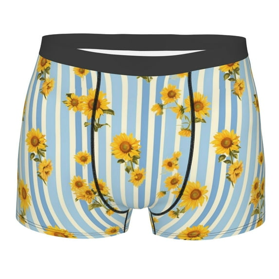 Yiaed Blue White Striped Sunflower Print Men's Soft Cotton Boxer Shorts Breathable Boxers Underwear Moisture-Wicking Underwear Stretch Boxer Briefs for Man-Small