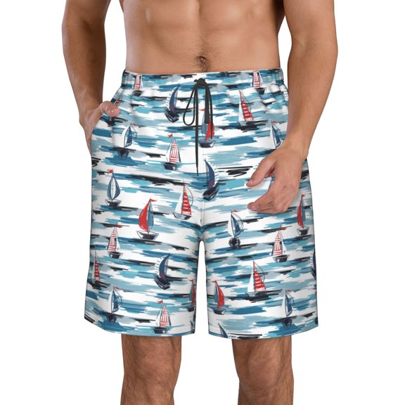 Yiaed Boat In Ocean Print Men's Swim Trunks with Lining Quick Dry Sports Shorts Beach Shorts Boardshorts-Large