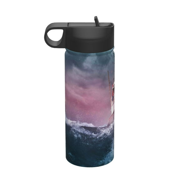 Yiaed Boat Lighthouse Storm Waves Print Water Bottle with Straw Lid, Stainless Steel Double Wall Insulated Water Bottle | Leak-Proof and Spill-Proof Water Bottle
