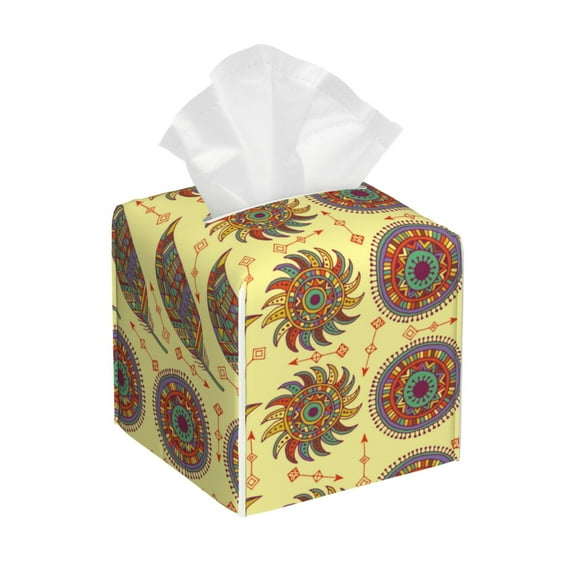 Yiaed Bohemia Print Tissue Box Cover, PU Leather Decorative Organizer for Tabletop, Bathroom, Car, Office Creative Decorative