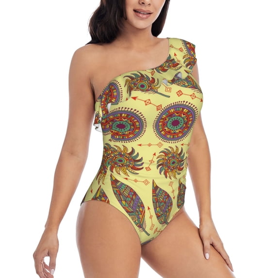Yiaed Bohemia Print Women One Piece Swimsuits Tummy Control One Shoulder Bathing Suits Pattern Ruffle Swimwear-Large