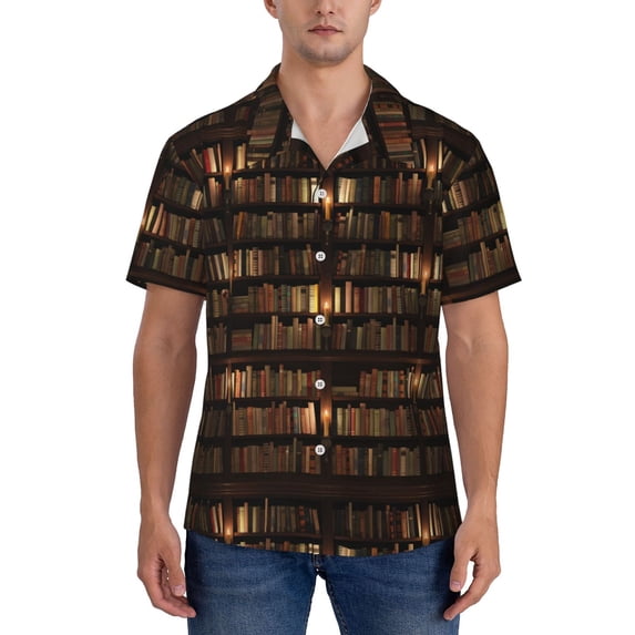 Yiaed Bookshelves Print Hawaiian Shirt for Men Short Sleeve Button Down Shirts Beach Shirts for Men-3X-Large
