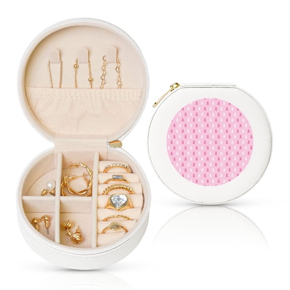 Yiaed Breast Cancer Awareness5 Print Travel Jewelry Case Bridesmaid Gift Boxes Jewelry Travel Organizer Small Round Jewelry Box Mini Storage-White