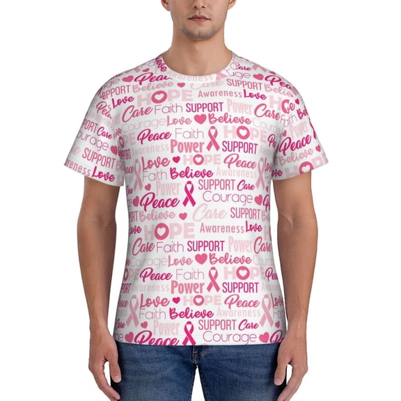 Yiaed Breast Cancer Ribbons Awareness Print Mens Short Sleeve Tight Fit T-Shirt, Crewneck Casual Tee-Medium