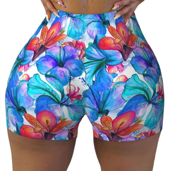 Yiaed Bright Flowers Print Women's Athletic Shorts Running Shorts Sporty Short High Waisted Elastic Workout Shorts for Yoga Gym Running & Sports -Large