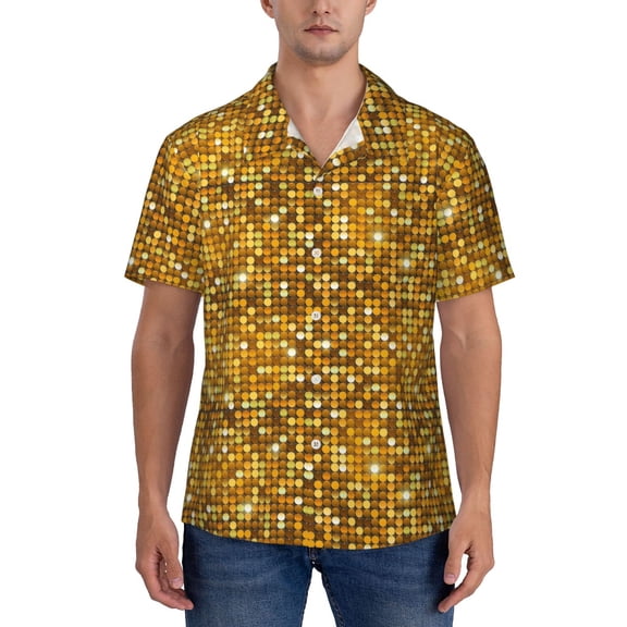 Yiaed Bright Shiny Golden Print Hawaiian Shirt for Men Short Sleeve Button Down Shirts Beach Shirts for Men-Medium