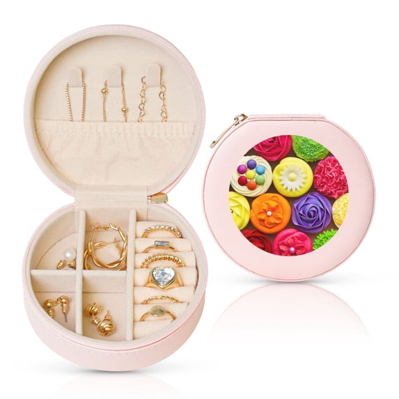 Yiaed Brightly Colored Cupcakes Print Travel Jewelry Case Bridesmaid Gift Boxes Jewelry Travel Organizer Small Round Jewelry Box Mini Storage-Pink