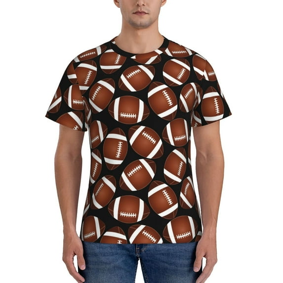 Yiaed Brown Football On Black Print Mens Short Sleeve Tight Fit T-Shirt, Crewneck Casual Tee-3X-Large