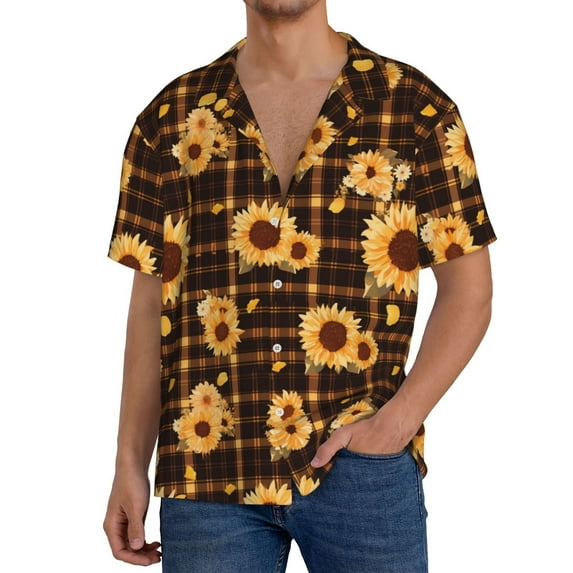 Yiaed Brown Plaid Sunflower Print Mens Casual Wrinkle Free Shirts Short Sleeve Button Down Summer Stretch Dress Shirt-Small