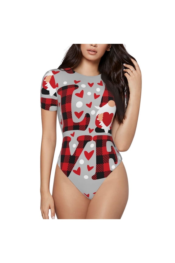 Buffalo Plaid Love And Gnome Print Women's Waist-Cinching Short-Sleeved Onesie,Elastic Onesiet,Snaps At Bottom,Easy To Put On And Take Off for Wome Bodysuit -X-Large