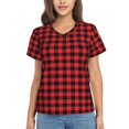 thumbnail image 1 of Yiaed Buffalo Plaid Red Black Print Women's T Shirt V-Neck Short Sleeve Shirt Casual Breathable Tee Summer Tops-Large, 1 of 5