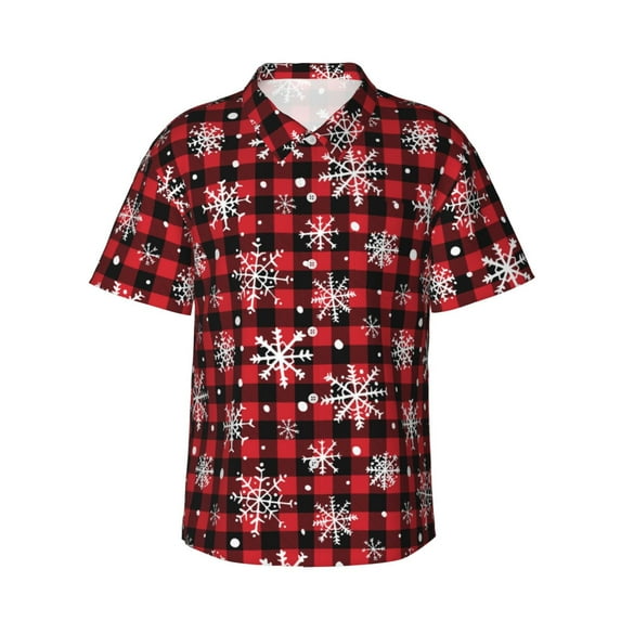 Yiaed Buffalo Plaid Snowflakes Print Hawaiian Shirt for Men Short Sleeve Button Down Shirts Beach Shirts for Men,3X-Large