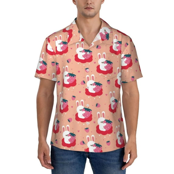 Yiaed Bunny And Strawberry Print Hawaiian Shirt for Men Short Sleeve Button Down Shirts Beach Shirts for Men-3X-Large