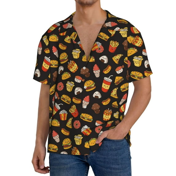 Yiaed Burger Fries Print Mens Casual Wrinkle Free Shirts Short Sleeve Button Down Summer Stretch Dress Shirt-4X-Large