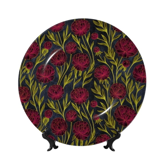 Yiaed Burgundy Peony Flowers Print Bone China Decorative Plate Ceramic Dinner Plates Art Crafts with Display Stand-10in