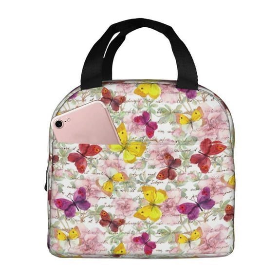 Yiaed Butterflies and Vintage Print Insulated Lunch Bag Reusable Cute Tote Lunch Box, Leakproof Cooler Lunch Bags for Work Office Travel School Picnic